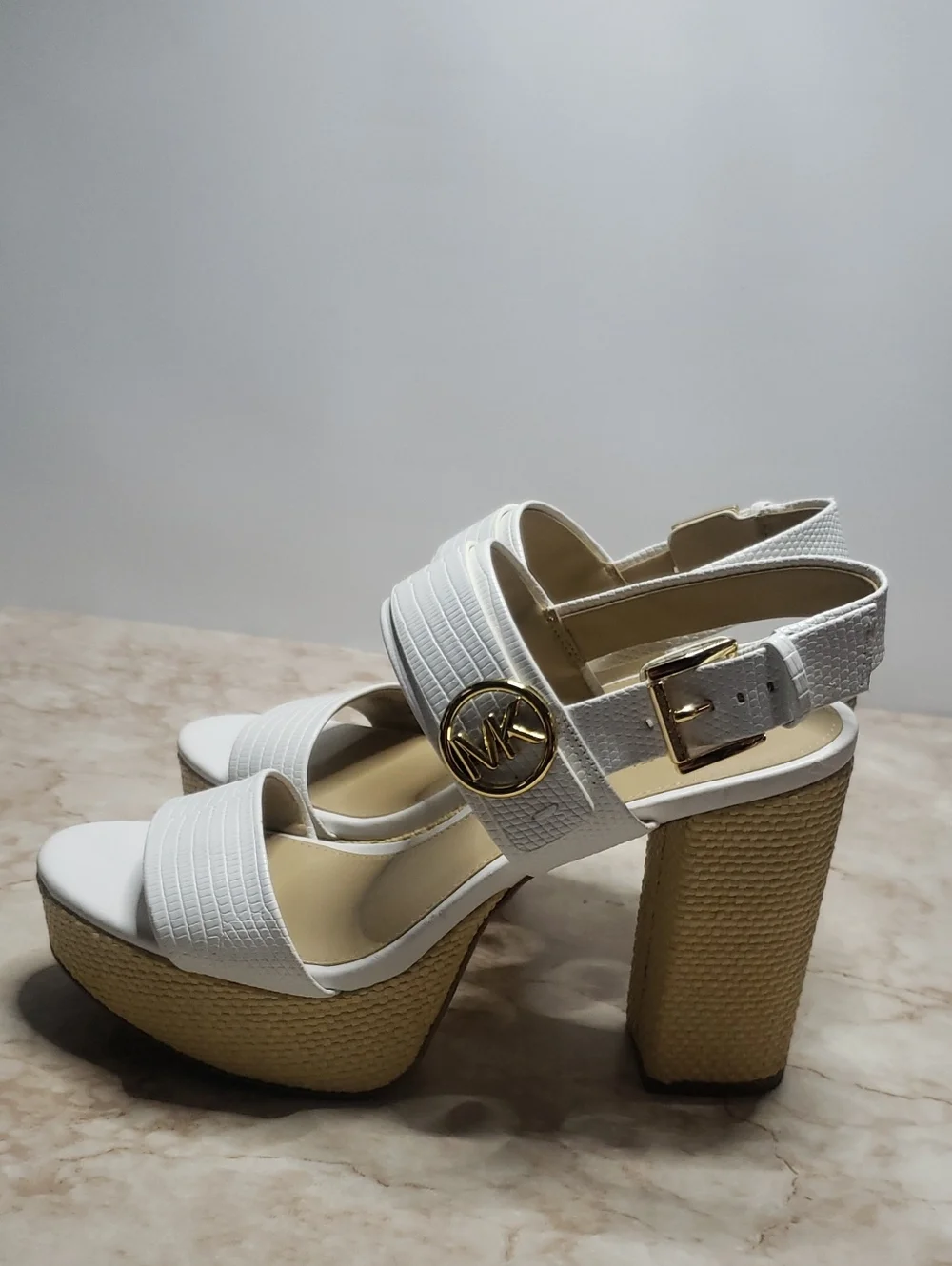 Michael Kors White Platform Sandals with Gold MK Hardware 7.5